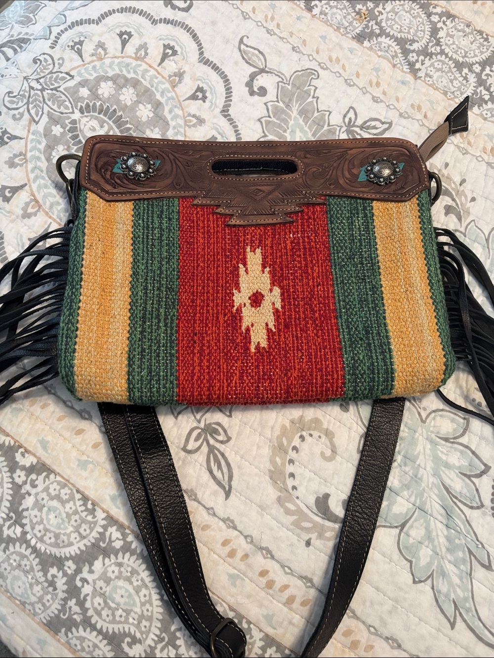Southwestern Stripe Fringe Shoulder Bag in Red, Green & Yellow